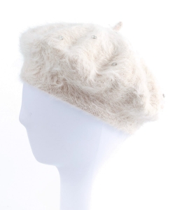 Rhinestone Faux Fur Beret Hat HA320966 IVORY